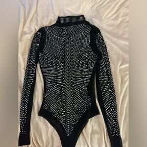Black long sleeve rhinestone bodysuit